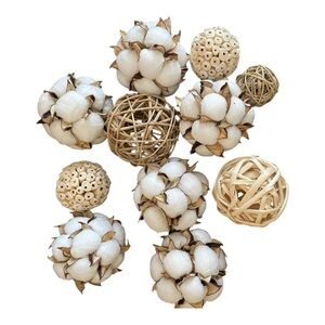 12 Decorative Natural Rattan and Cotton Balls, Great Natural Display.